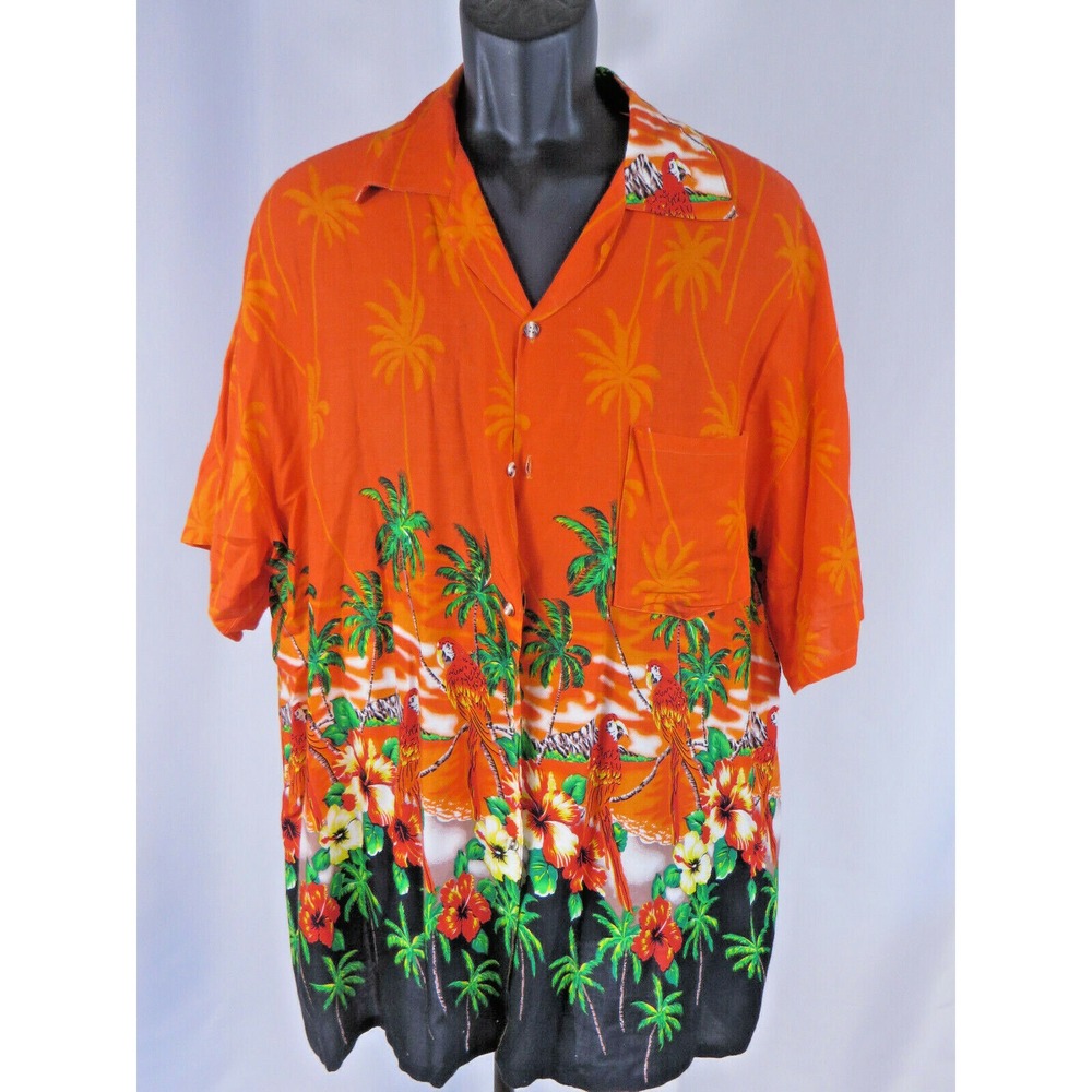 Mens Hawaiian Pace 100% Rayon Aloha Shirt Vibrant Orange Parrots MaCaws XL